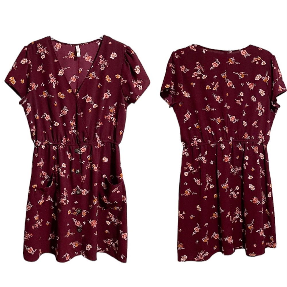 Xhilaration Target Fall Floral Mini Dress Surplice Faux Wrap Size Large Maroon